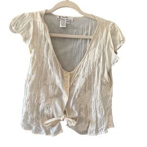 Papillon Vintage Y2k Women Ivory Floral Embroidered Tie Blouse Cottage Small